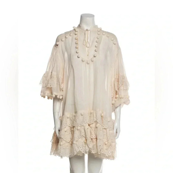 Zimmermann Lyre Lace Trim Embroidered Mini Dress Crochet Balloon Sleeve Cream 3 - Picture 4 of 13